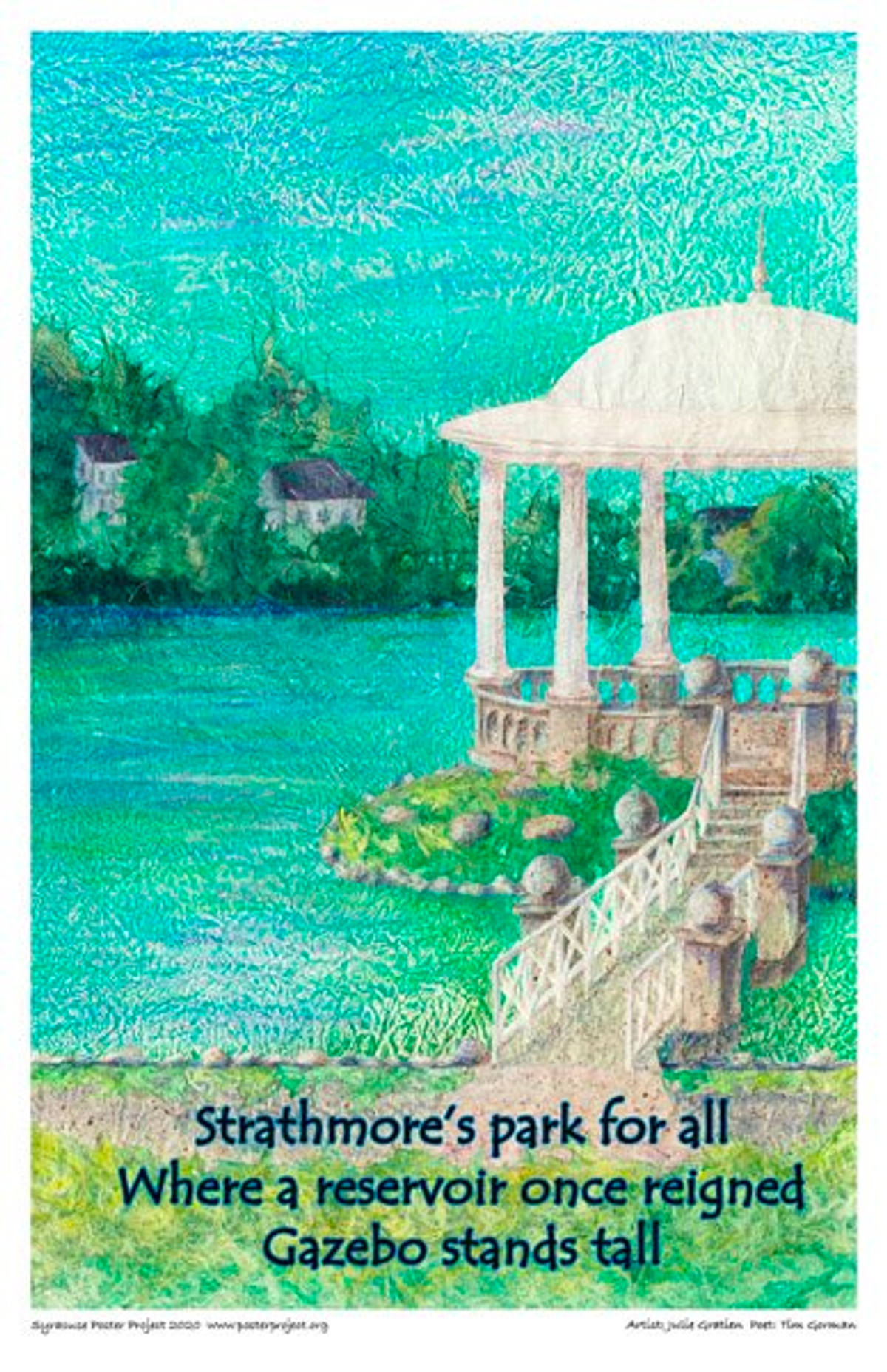 Strathmore's park for all
Where a reservoir once reigned
Gazebo stands tall Painting of gazebo and bridge on the water
