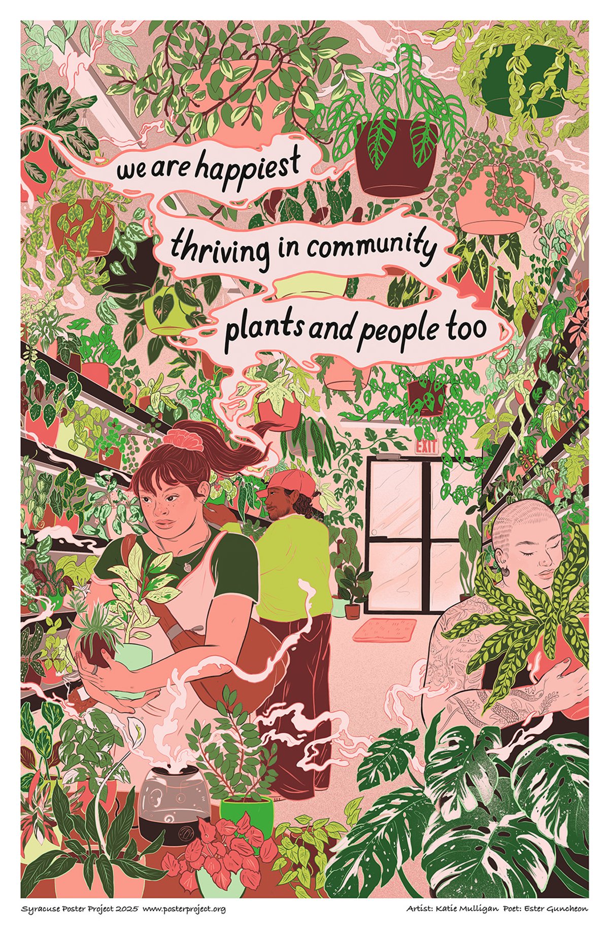 Three shoppers shopping for plants in a plant shop jammed with plants