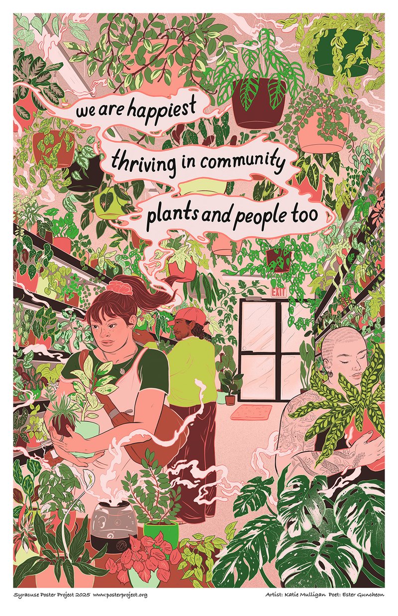 Three shoppers shopping for plants in a plant shop jammed with plants