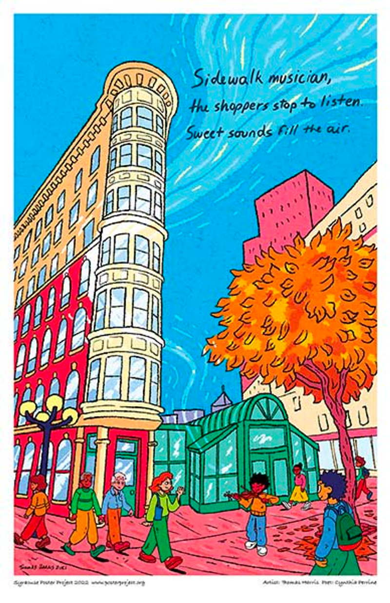 People walk by a violinist on the sidewalk in an urban scene during autumn