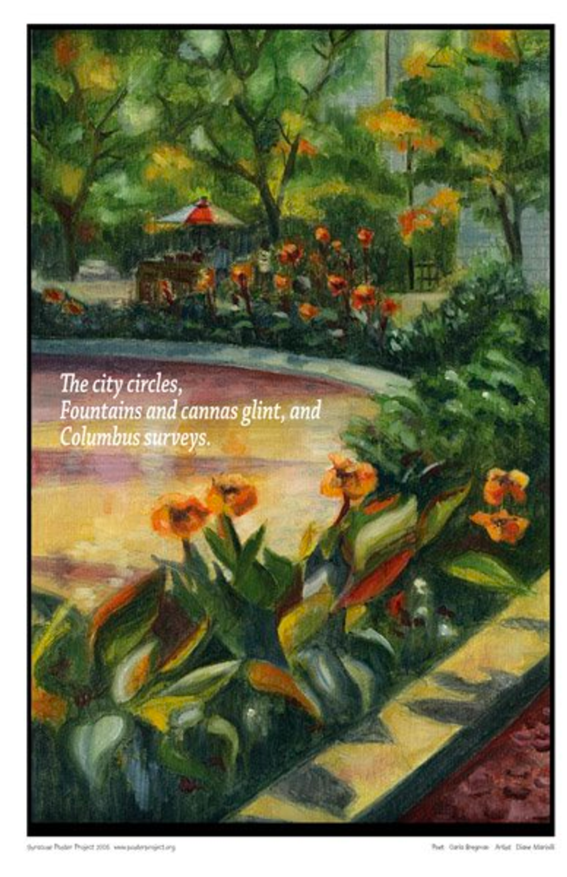 Canna lillies surround a city fountain