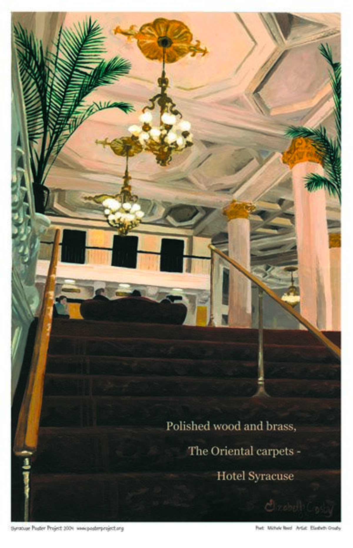 Polished wood and brass,
The Oriental carpets
Hotel Syracuse View from the bottom of carpeted stairs toward the ornate entryway of a hotel lobby