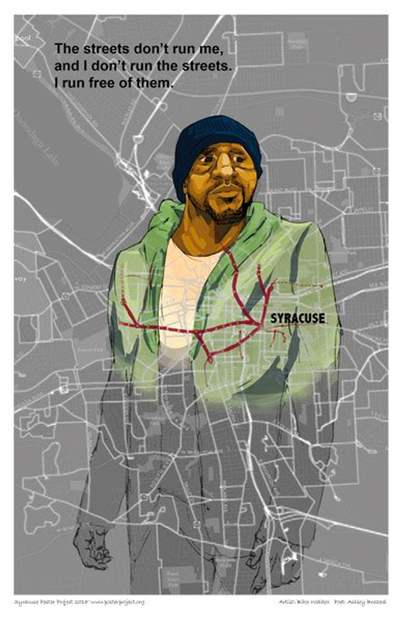 A man in a green jacket and blue hat looks to the side and is overlaid with a map of city streets 