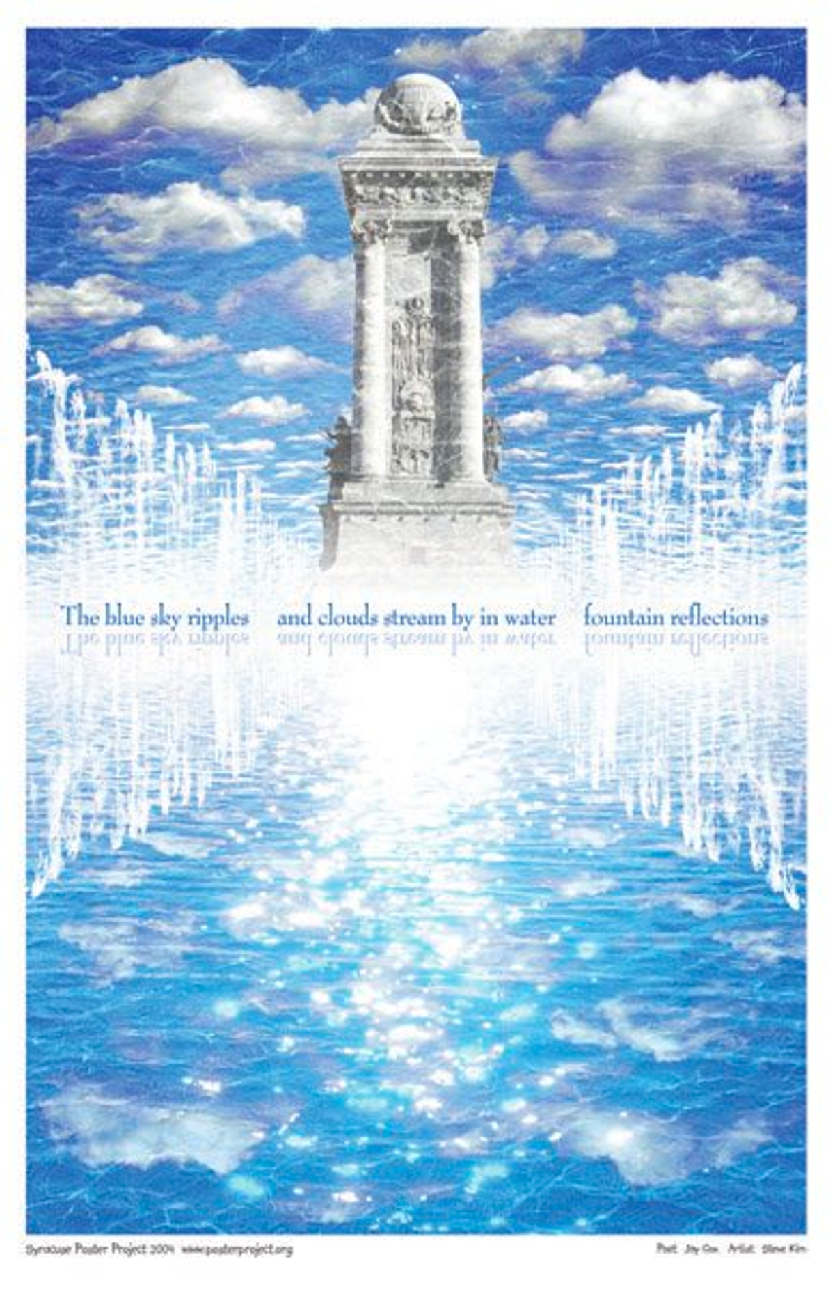 Water in a fountain pool reflects the bright sky dotted with clouds above in front of a monument