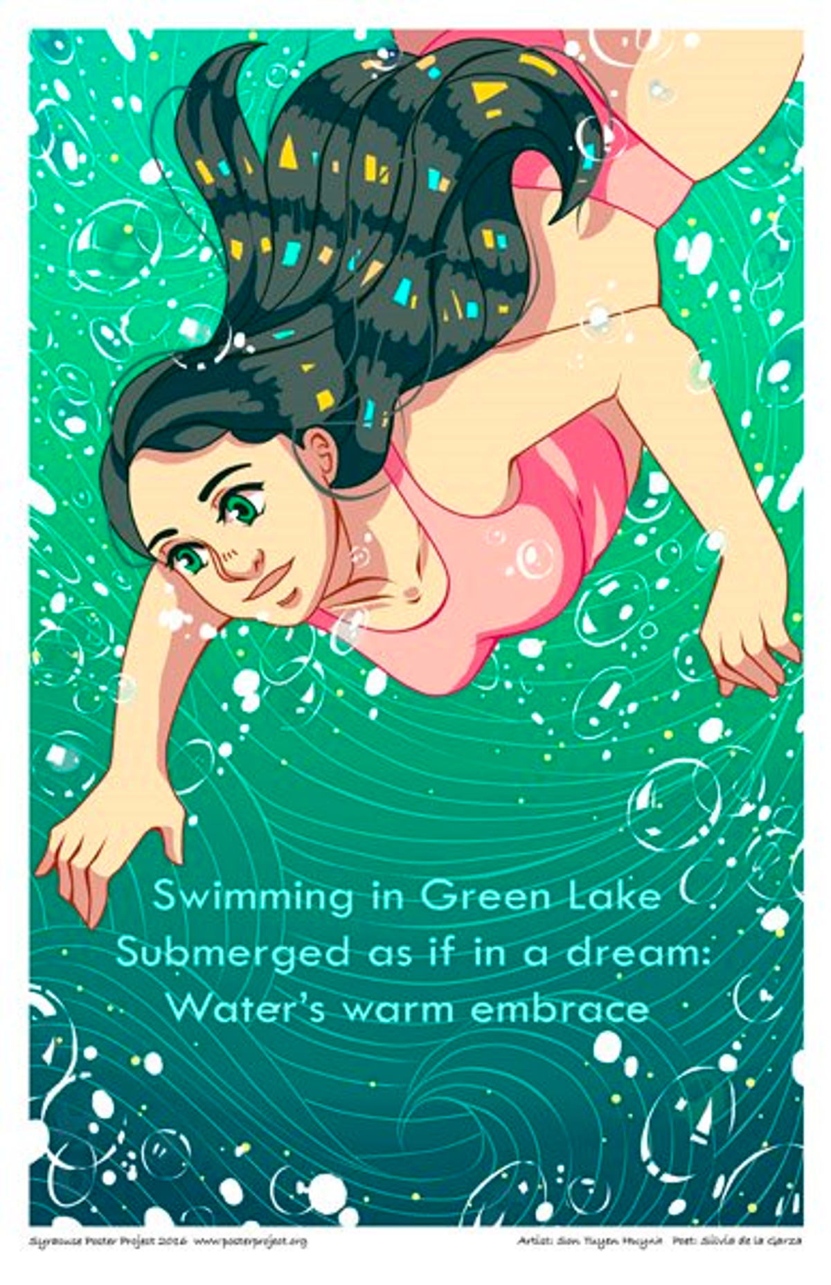 A woman swims in green water 