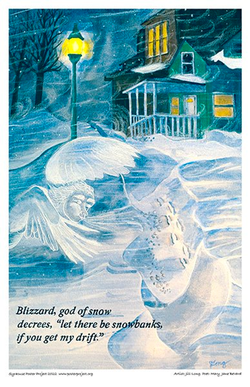 Nighttime winter scene with a winged owl-like figure blowing wind over snow drifts in front of a house