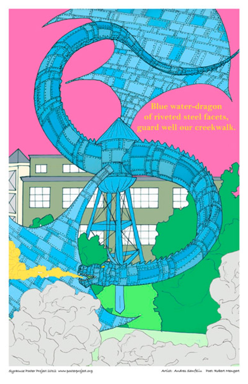 A water tower with the neck, tail and wings of a metallic dragon protruding from it