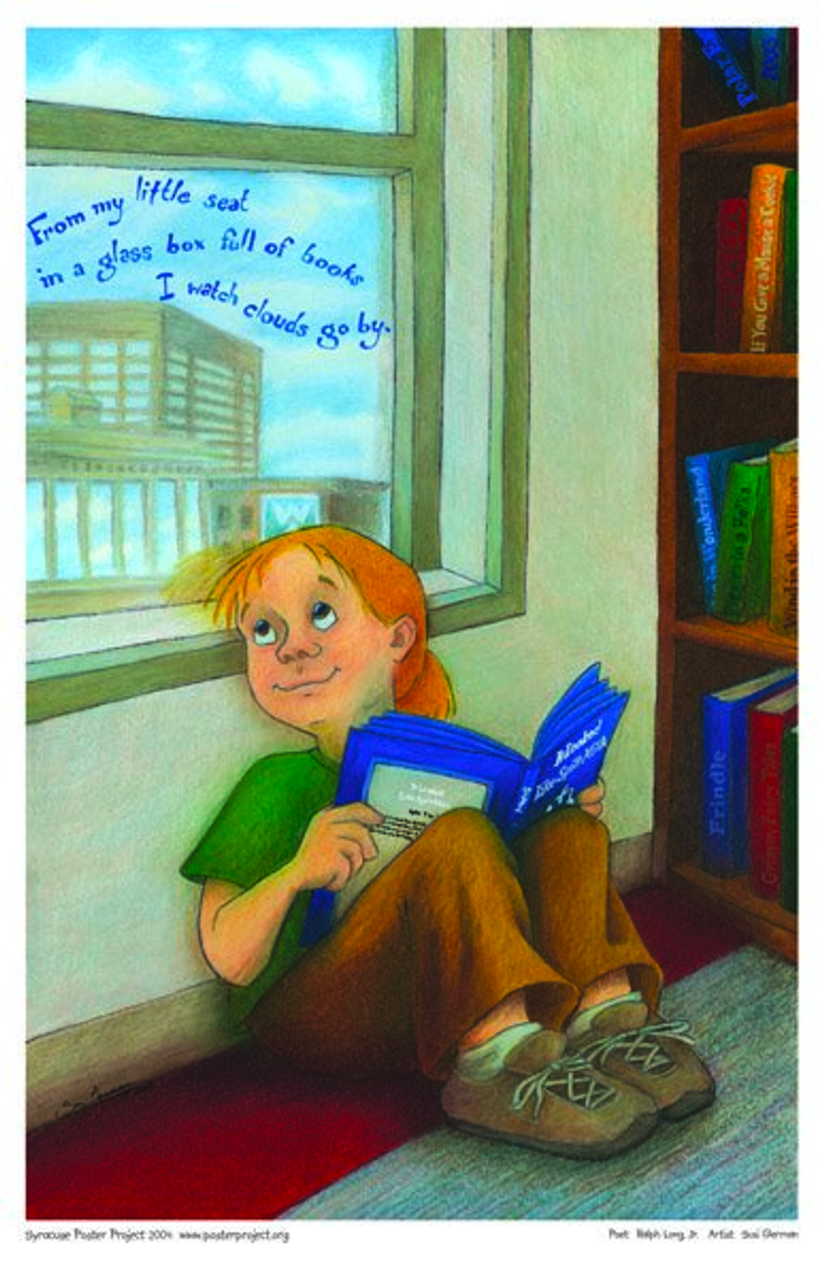 A child sits beside a bookcase with a book in her lap peering out the window behind her