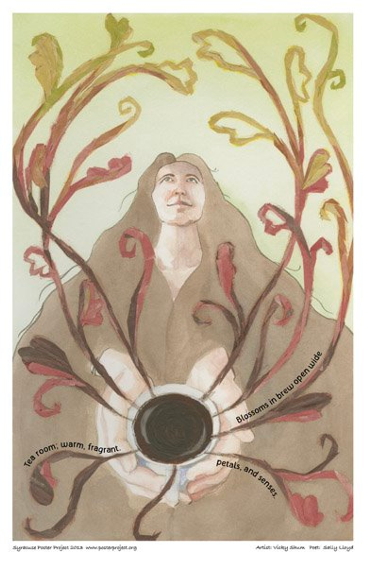 Tea room; warm, fragrant.
Blossoms in brew open wide
petals, and senses. A woman is surrounded by the aroma from a warm cup of tea in her hands