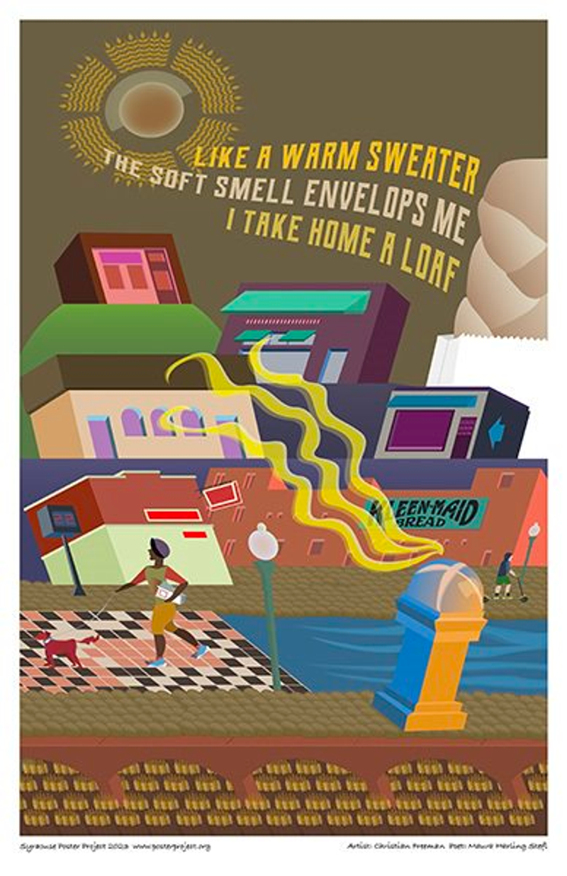 Fragrant odor from bread bakery seen wafting by nearby colorful buildings