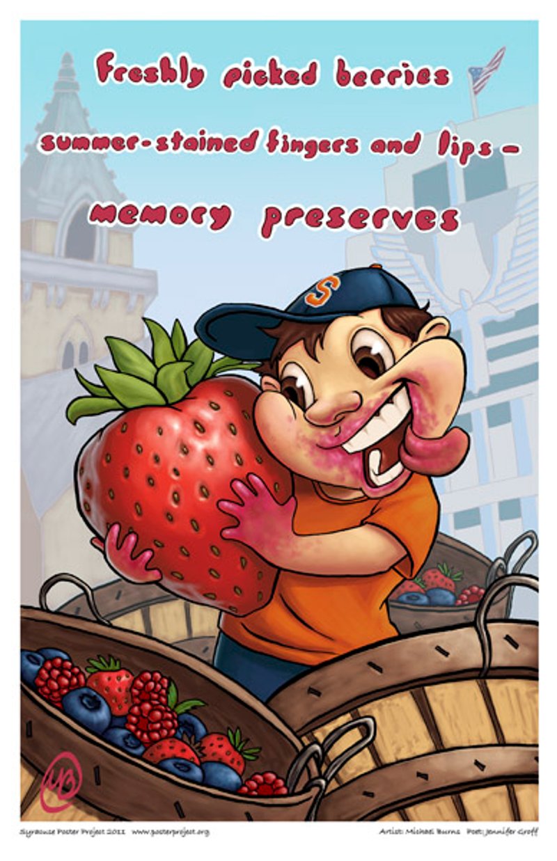 A boy with reddened hands and lips surrounded by baskets of berries clutches a large strawberry