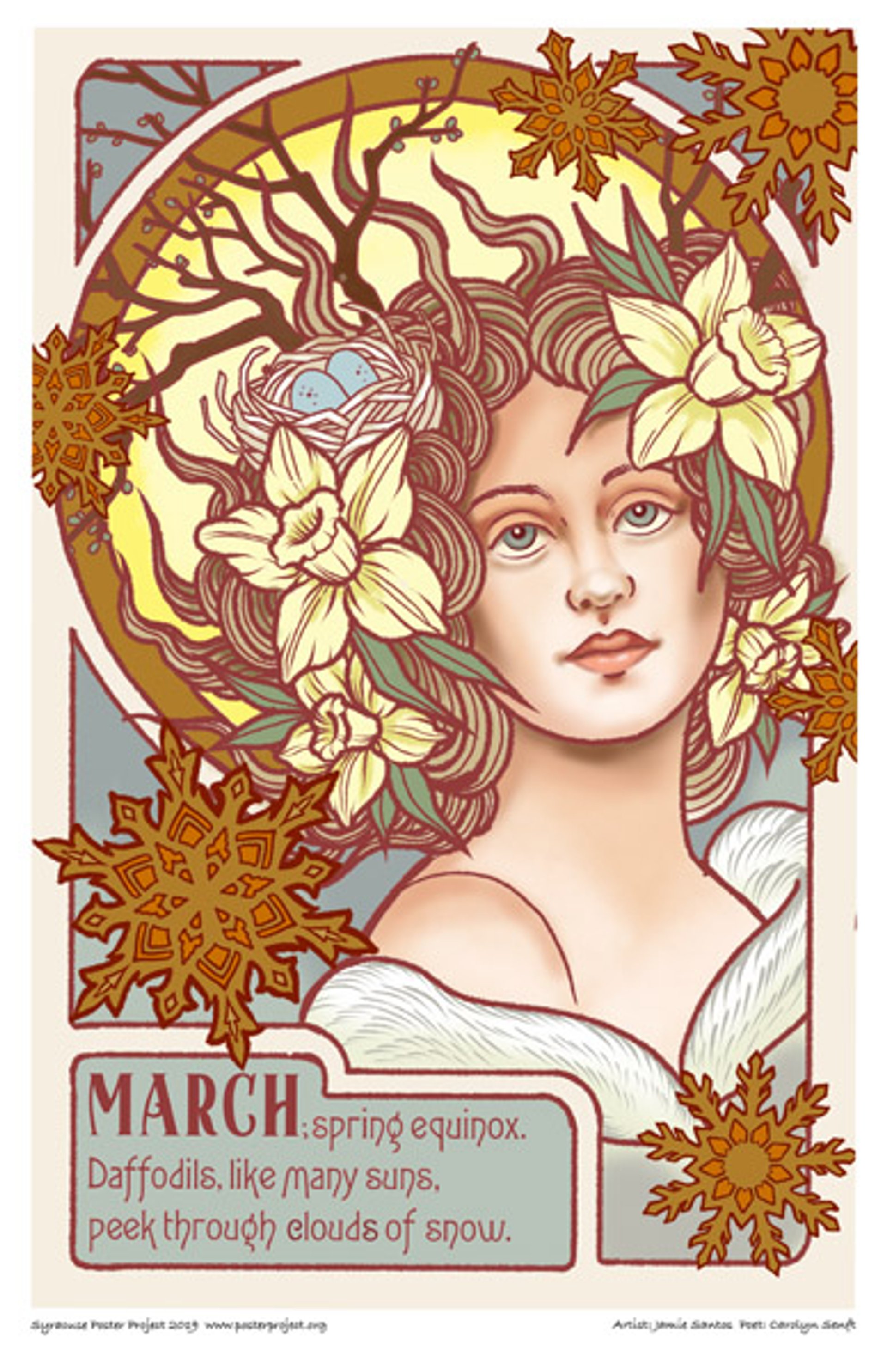 A woman with daffodils and a bird's nest in her hair