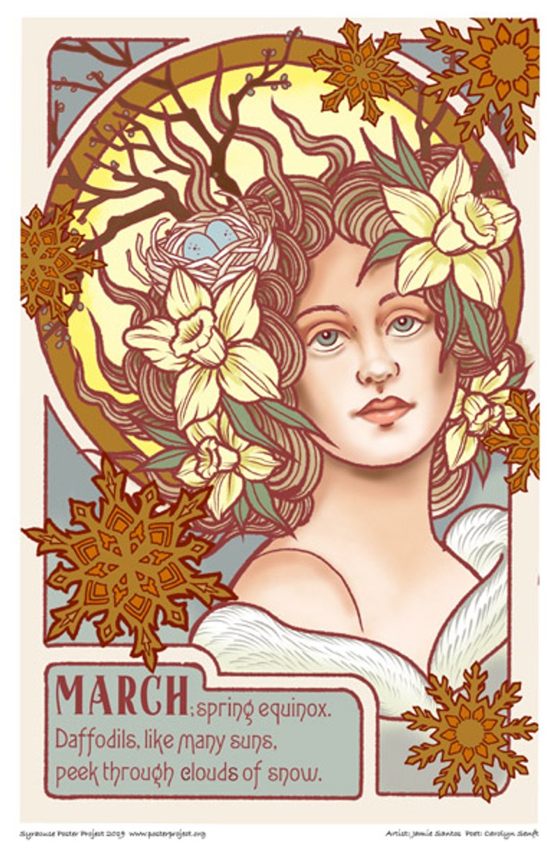 A woman with daffodils and a bird's nest in her hair