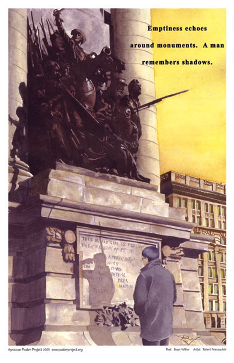 A man with his hands in his coat pockets reads the inscription on a war memorial statue, his shadow in the form of a saluting soldier