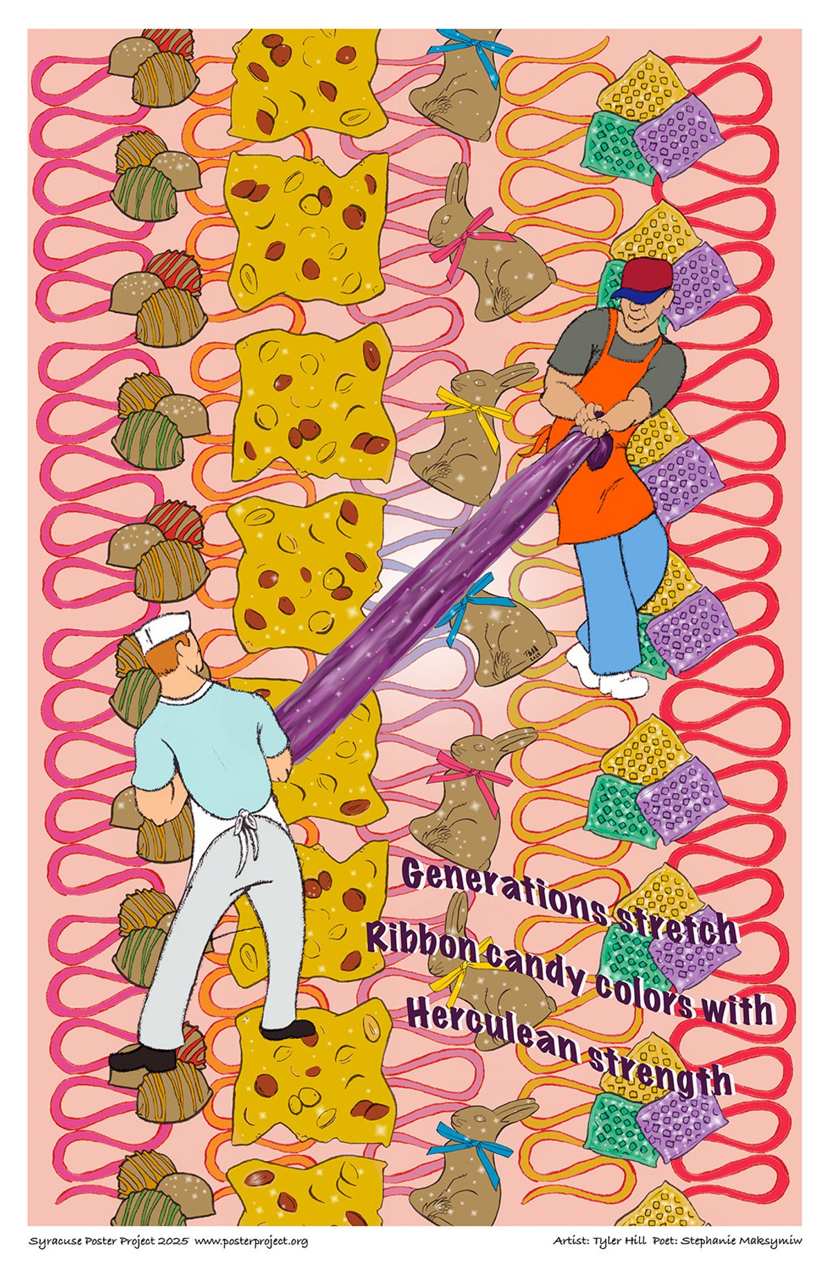 Two workers stretching candy against a backdrop of colorful ribbon candy and chocolates