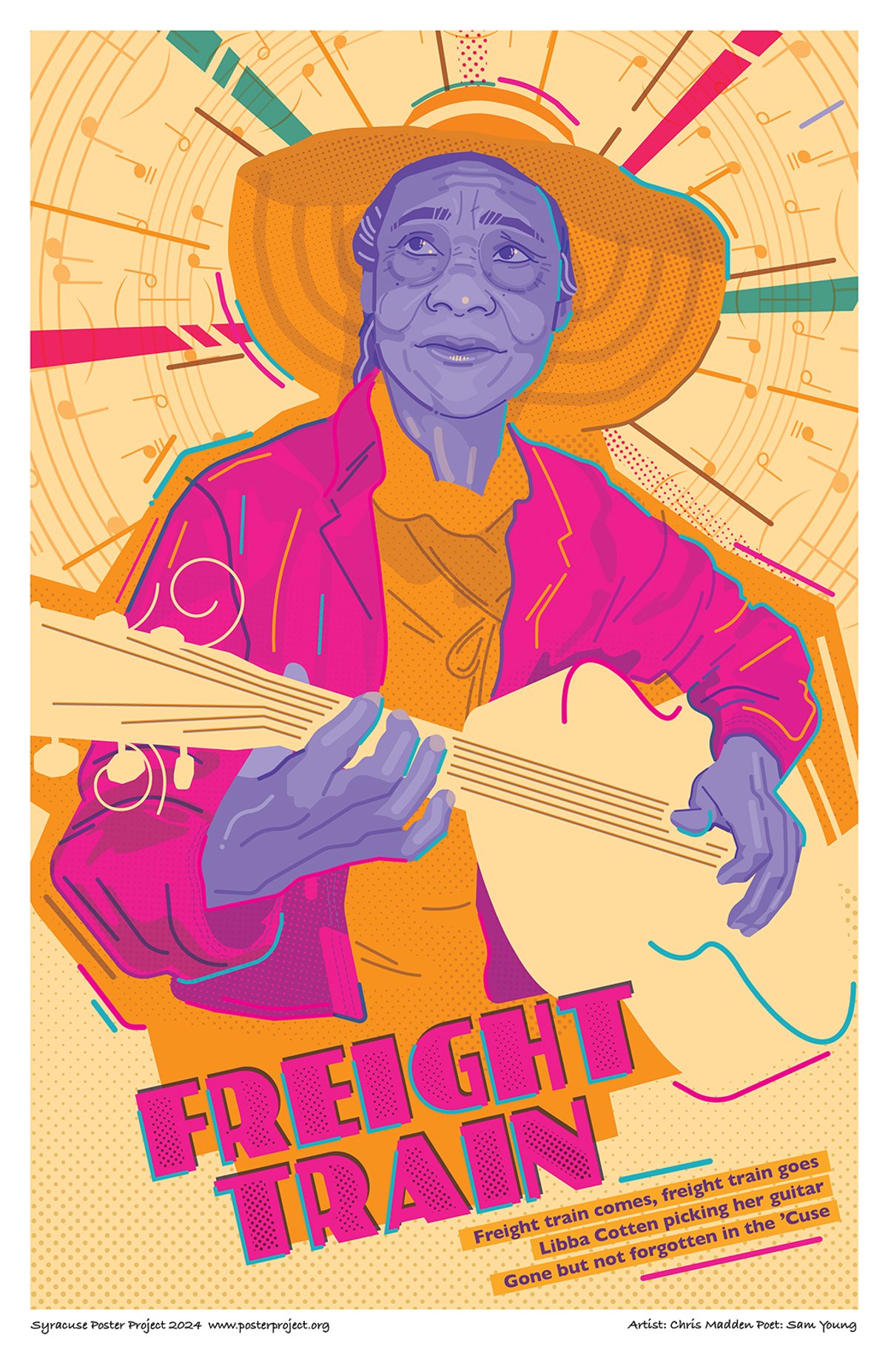 Freight train comes, freight train goes
Libba Cotten picking her guitar
Gone but not forgotten in the 'Cuse Elizabeth Cotten playing guitar