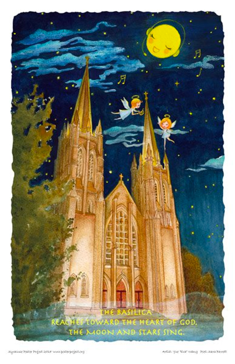 A church at nighttime beneath two angels and a singing moon 