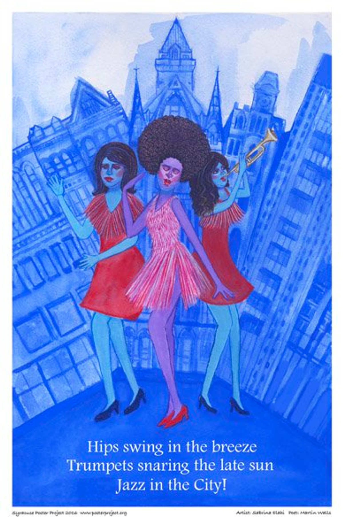 Hips swing in the breeze
Trumpets snaring the late sun
Jazz in the City! Two woman dance and a third plays the trumpet