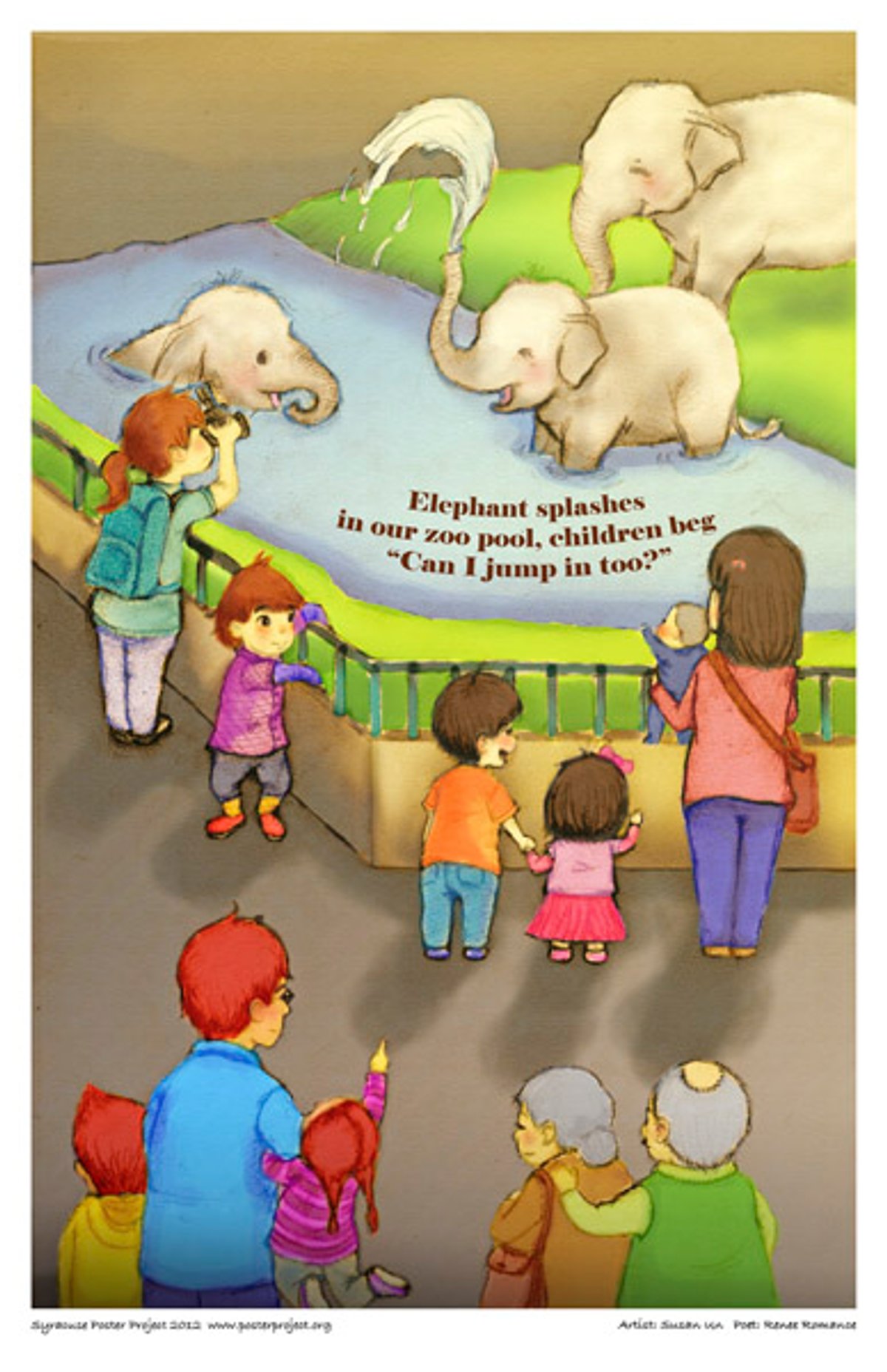 Elephant splashes
in our zoo pool, children beg
"Can I jump in too?" Children and their families gather round a zoo exhibit of baby elephants playing in a pool