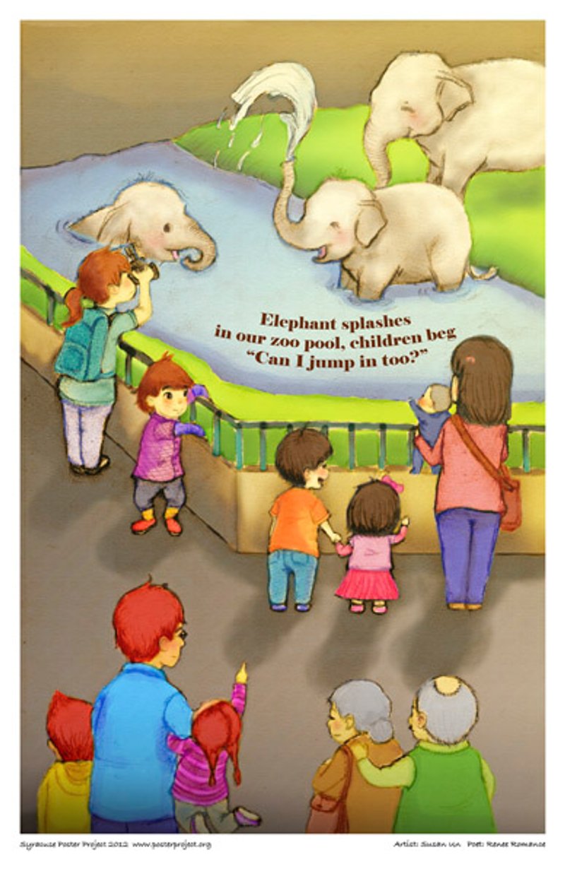 Children and their families gather round a zoo exhibit of baby elephants playing in a pool