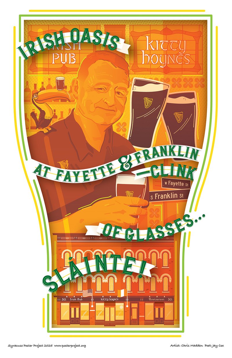 David Hoyne, owner of Kitty Hoynes Irish Pub, framed in the silhouette of a Guinness glass