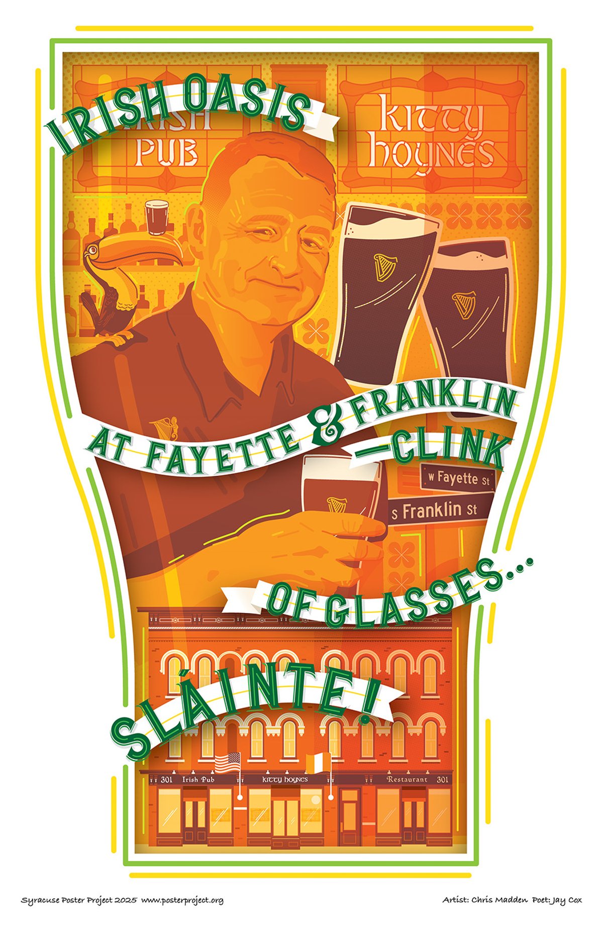 Irish oasis
at Fayette and Franklin—clink
of glasses…..sláinte! David Hoyne, owner of Kitty Hoynes Irish Pub, framed in the silhouette of a Guinness glass