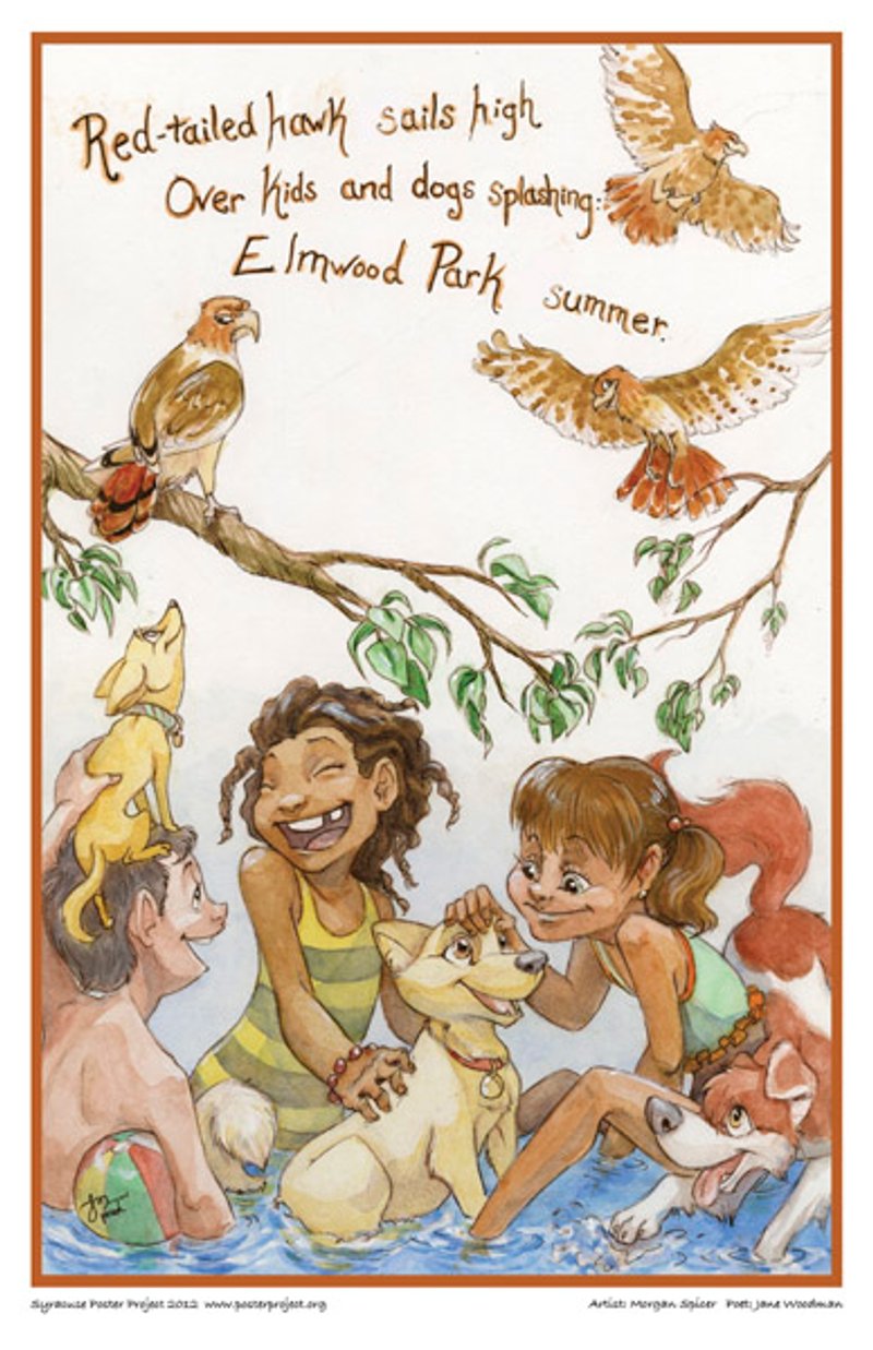 Three children in swimsuits play with dogs in the water as three red-tailed hawks watch from above