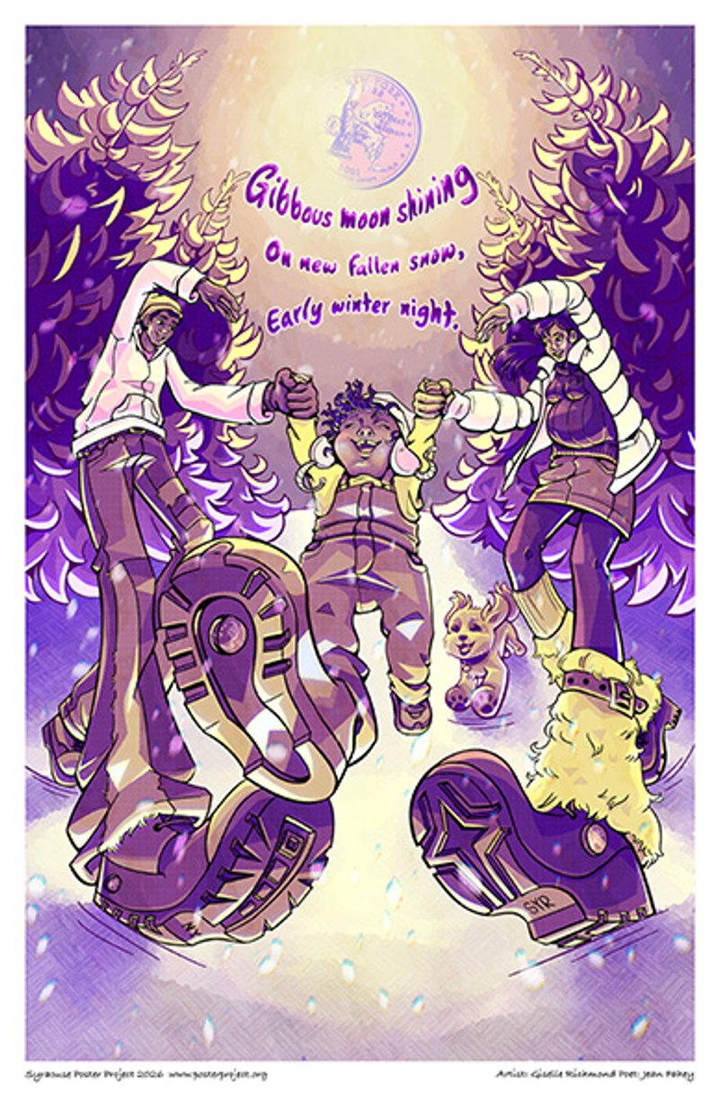 A couple playing with their child under a quarter moon