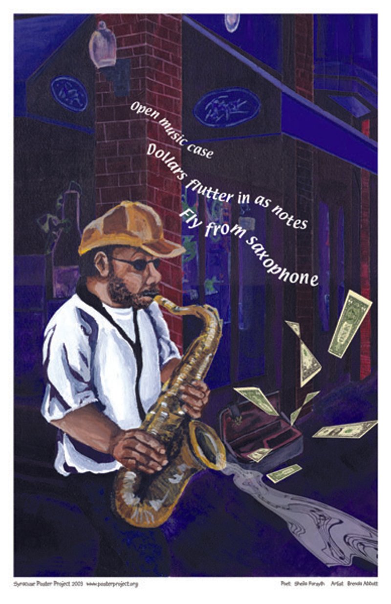 A saxophonist performs on a street corner and dollar bills float into his instrument case