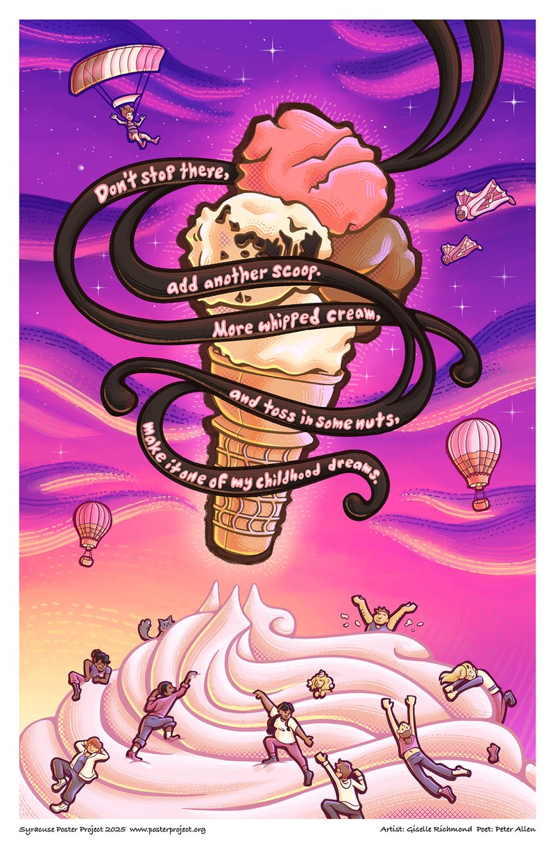 A giant ice cream cone floating in the sky over a mountain of soft-serve ice cream with miniature people climbing on it.