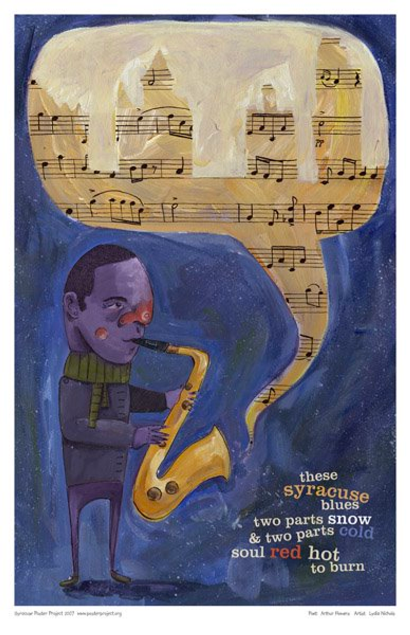 A man plays saxophone and a bubble of sheet music emits from his instrument