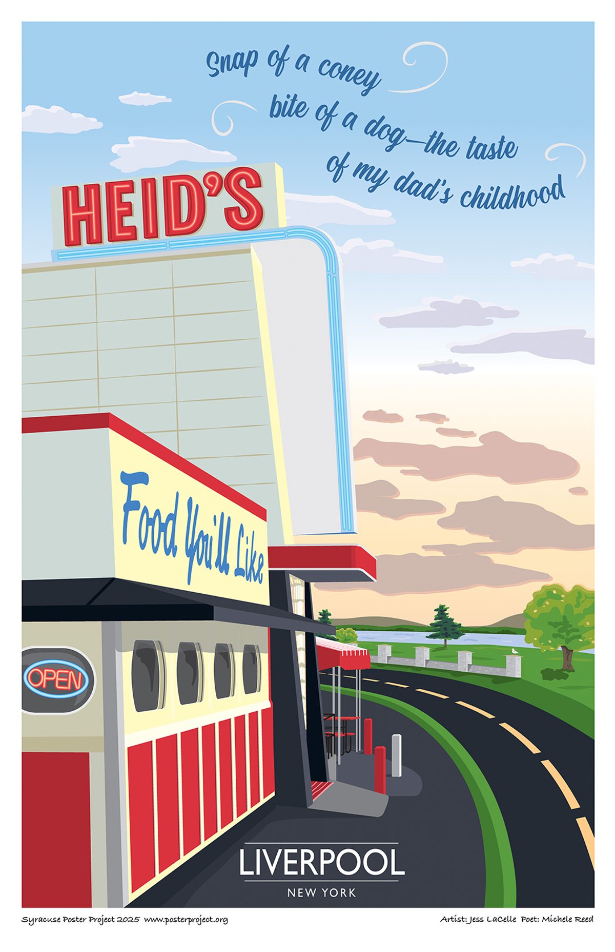 The art deco exterior of Heid's of Liverpool with Onondaga Parkway and Onondaga Lake in the background