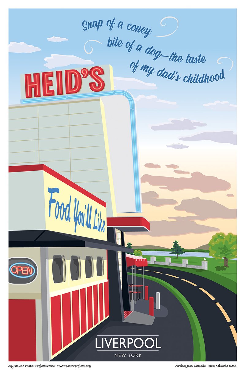 The art deco exterior of Heid's of Liverpool with Onondaga Parkway and Onondaga Lake in the background