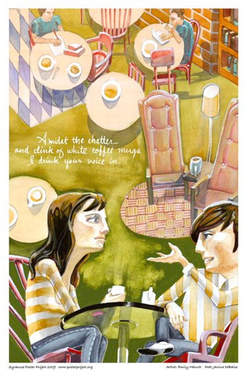 A couple talk over coffee with a busy café scene behind them