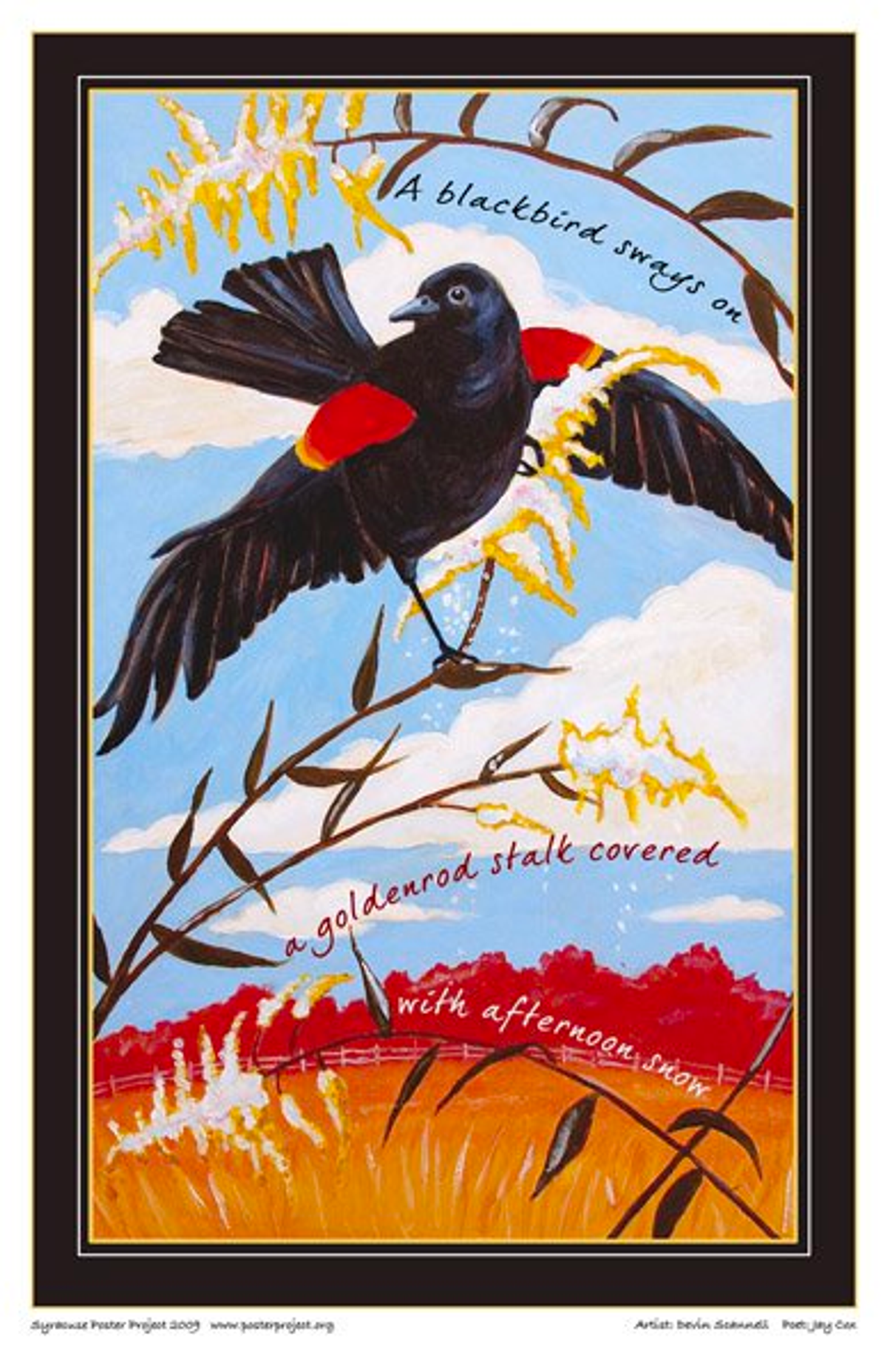 A blackbird sways on
a goldenrod stalk covered
with afternoon snow A blackbird balances on a snow-covered stalk of goldenrod