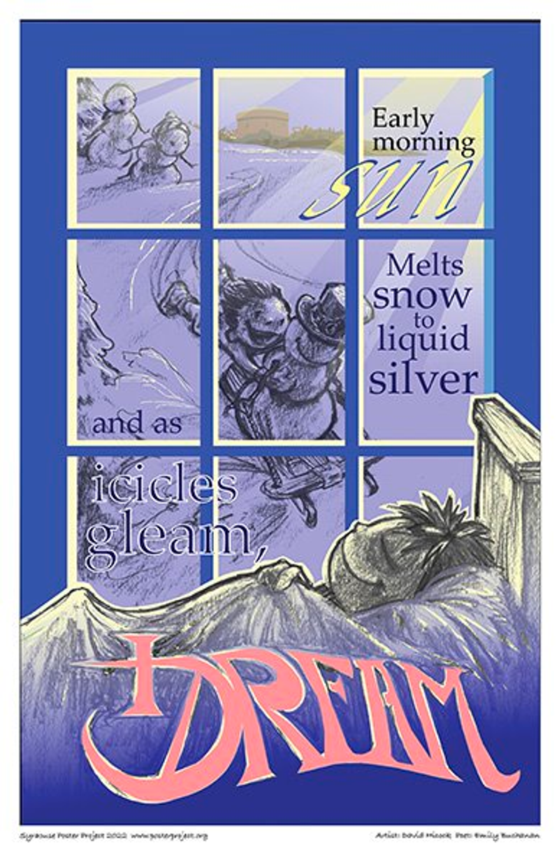 Smiling child sleeps in bed beside window view of child sledding with a snowman under the morning sun