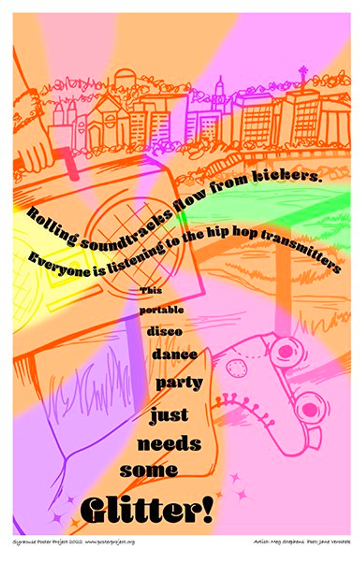 Rolling soundtracks flow from kickers.
Everyone is listening to the hip hop transmitters.
This portable disco dance party just needs some glitter! Roller-skater carrying a boombox with buildings in the background