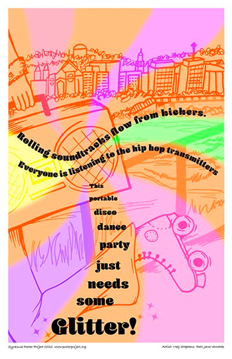 Roller-skater carrying a boombox with buildings in the background