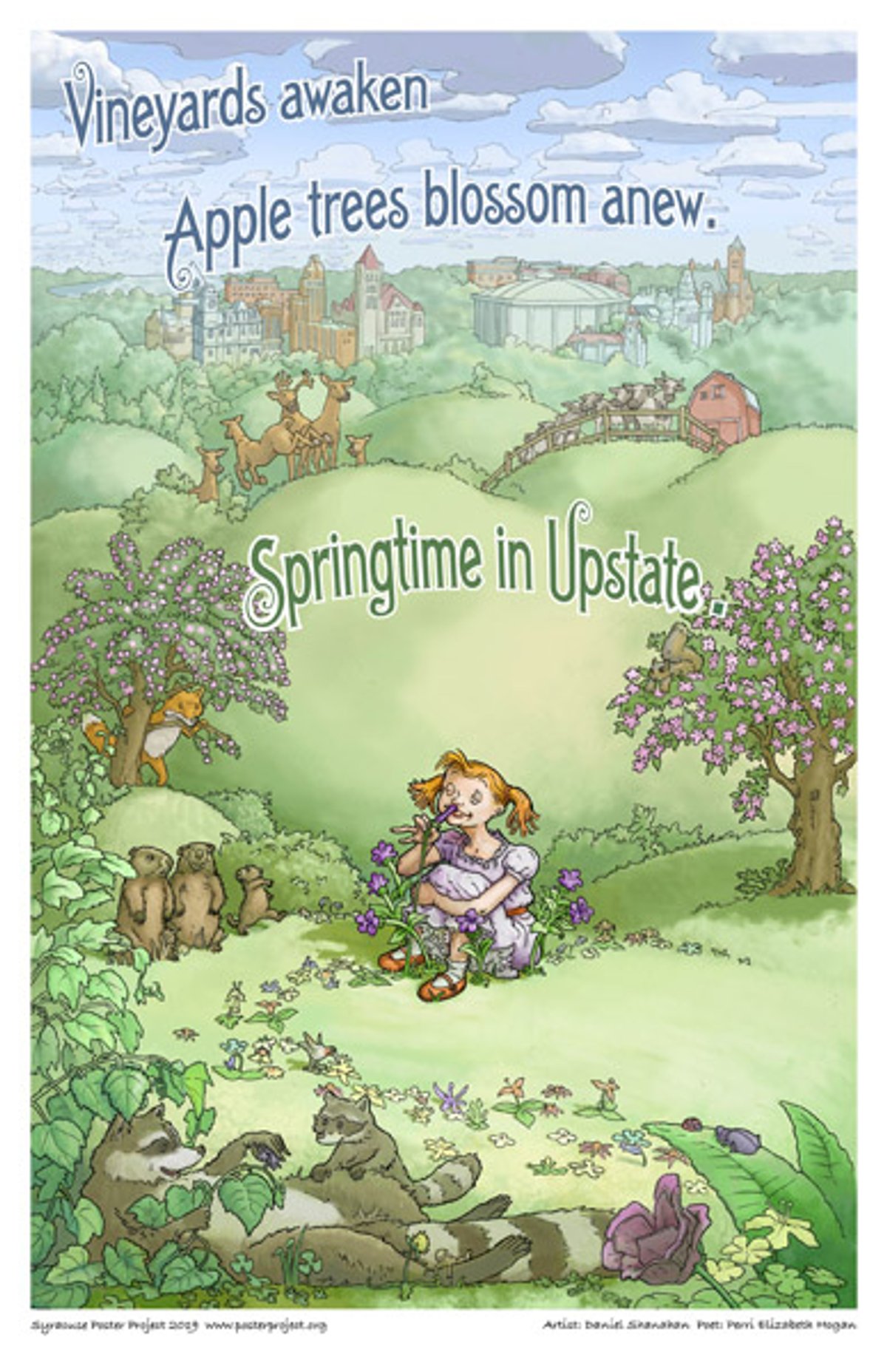 Vineyards awaken
Apple trees blossom anew.
Springtime in Upstate. A girl sits in a field smelling flowers surrounded by animals with hills and a cityscape in the distance