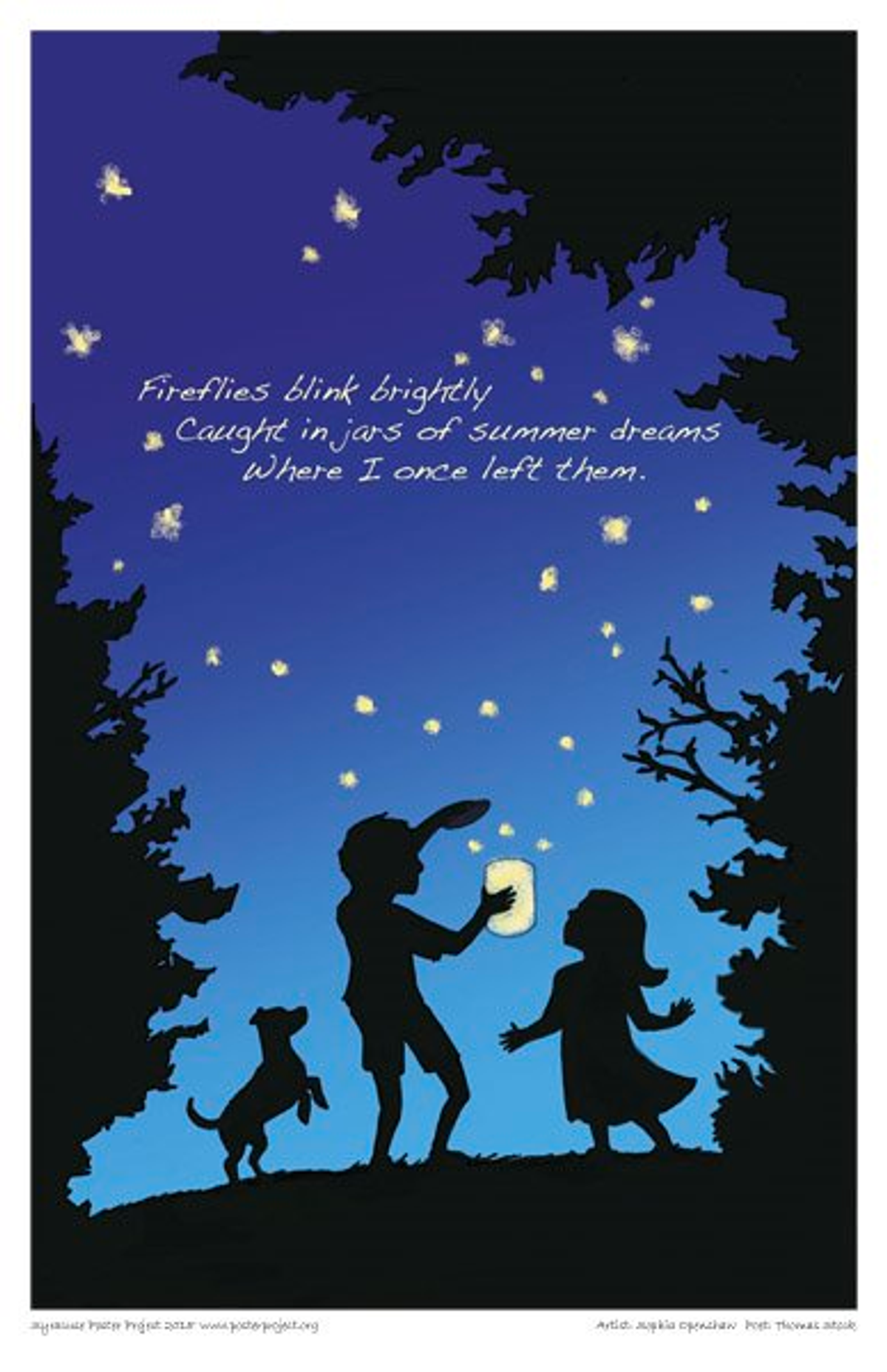 Silhouettes of a dog and two children who have opened a jar of fireflies 