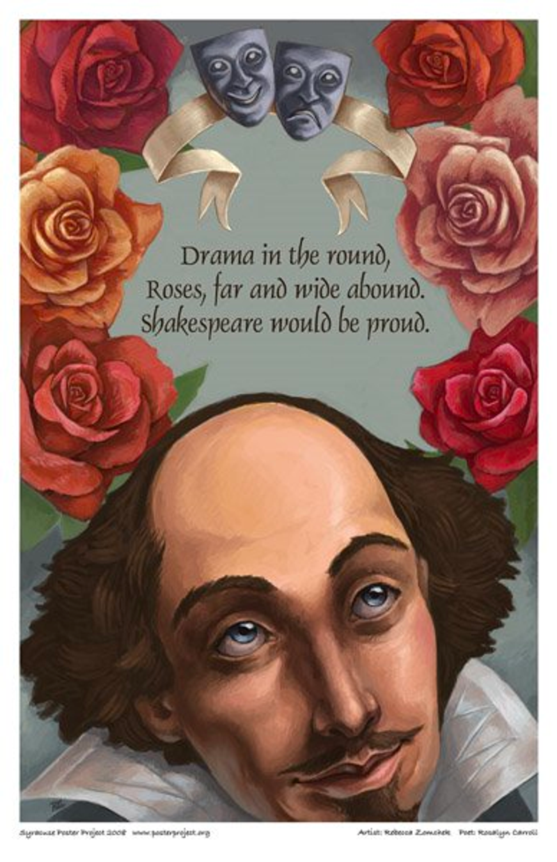 The face of William Shakespeare looking up at roses and the comedy and tragedy masks above him
