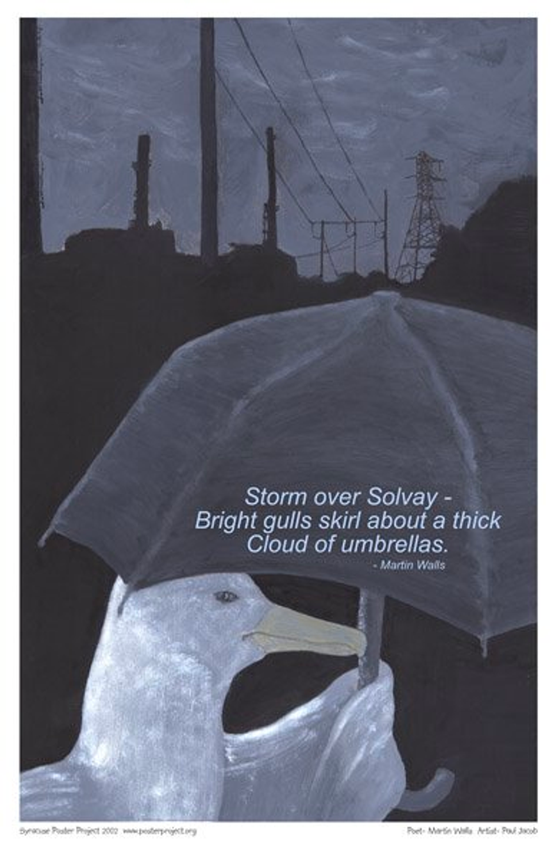 A seagull holds an umbrella over its head in front of a silhouetted cityscape background