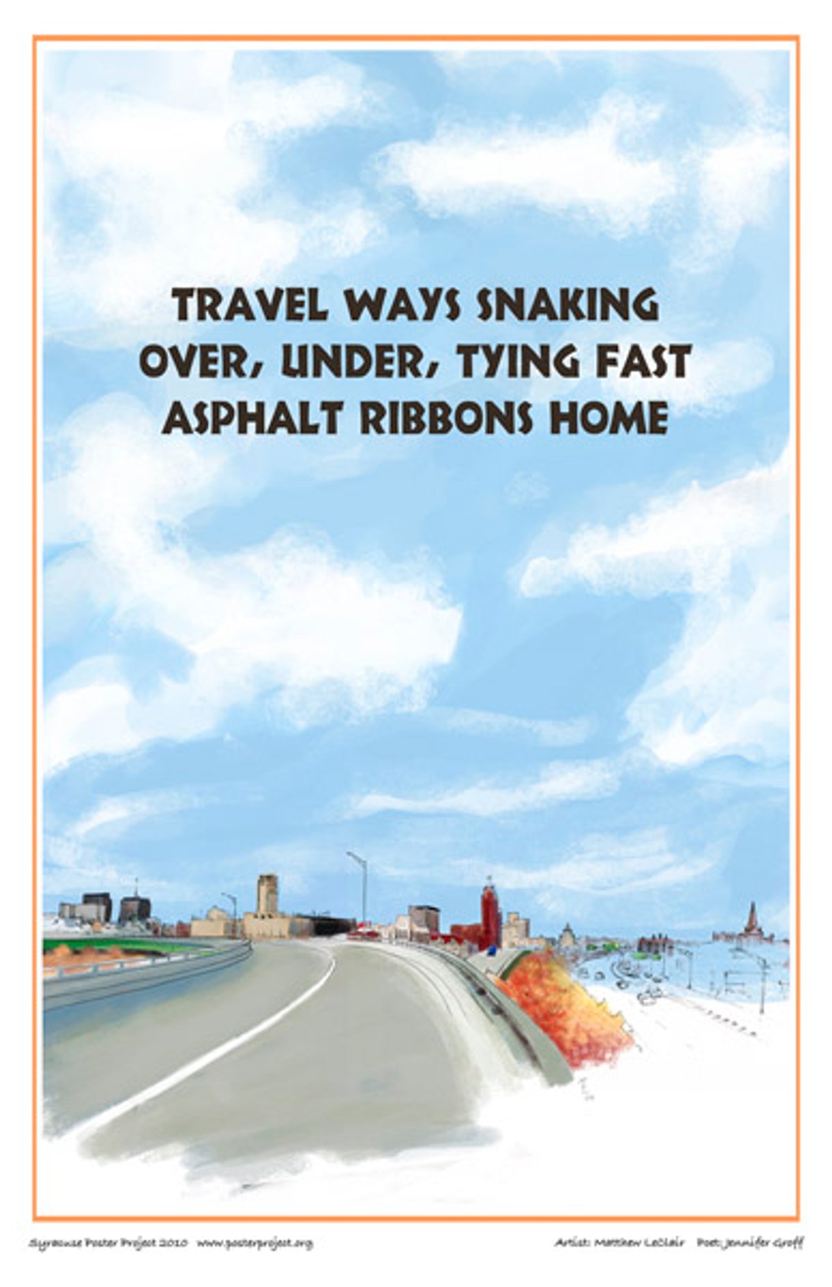 Travel ways snaking
over, under, tying fast
asphalt ribbons home View from on a highway bridge bend with a partly cloudy sky above and a cityscape in the distance