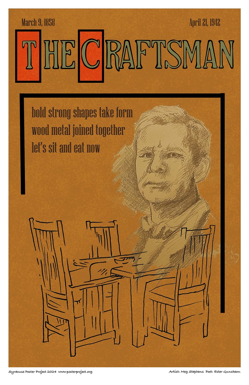 Illustration of Gustav Stickley and chairs superimposed on The Craftsman magazine