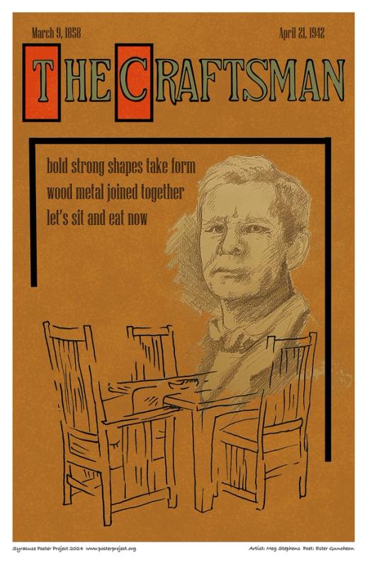Illustration of Guxtav Stickley and chairs superimposed on The Craftsman magazine