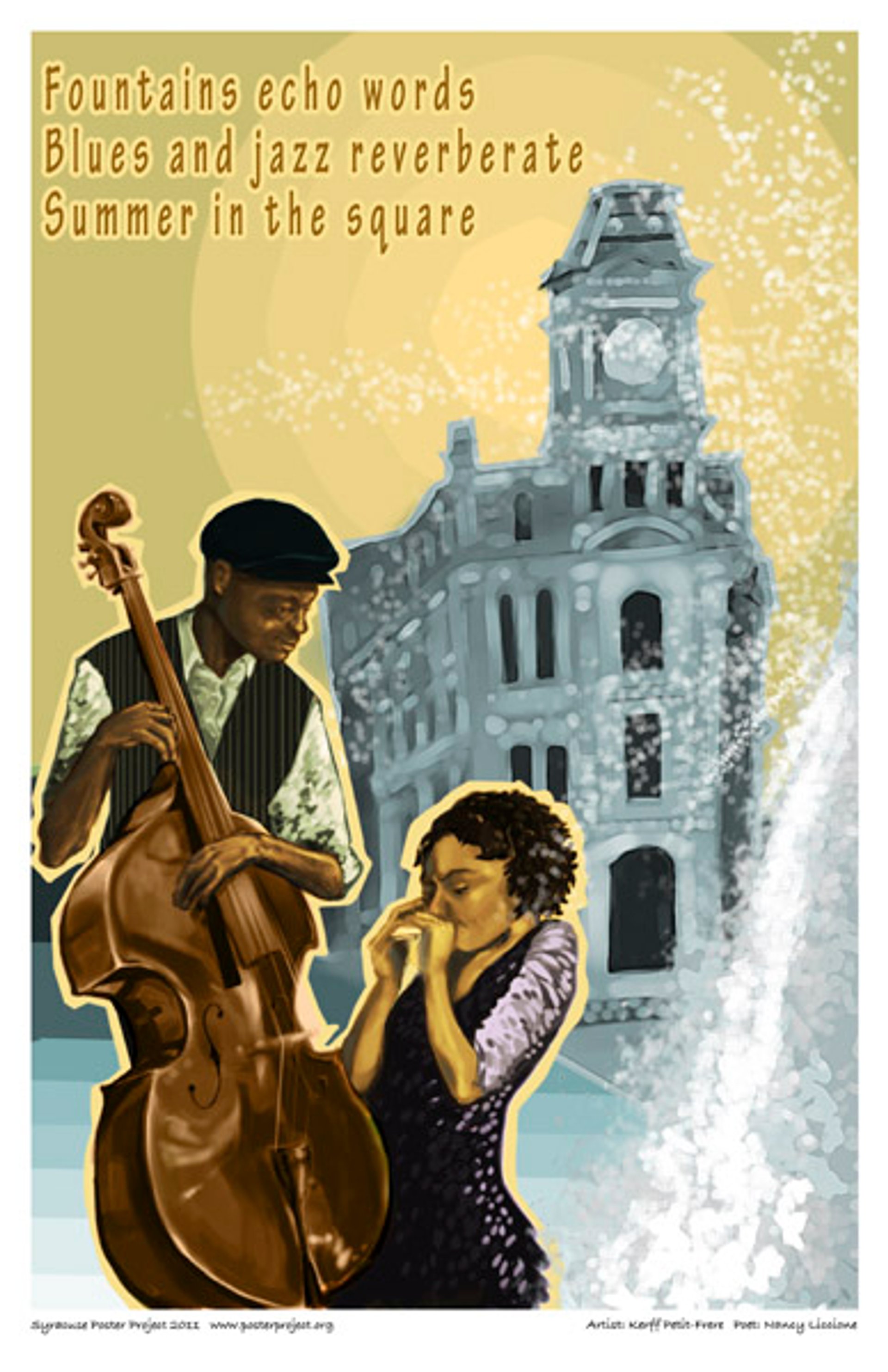 A double bassist and harmonica player play together beside a city park fountain