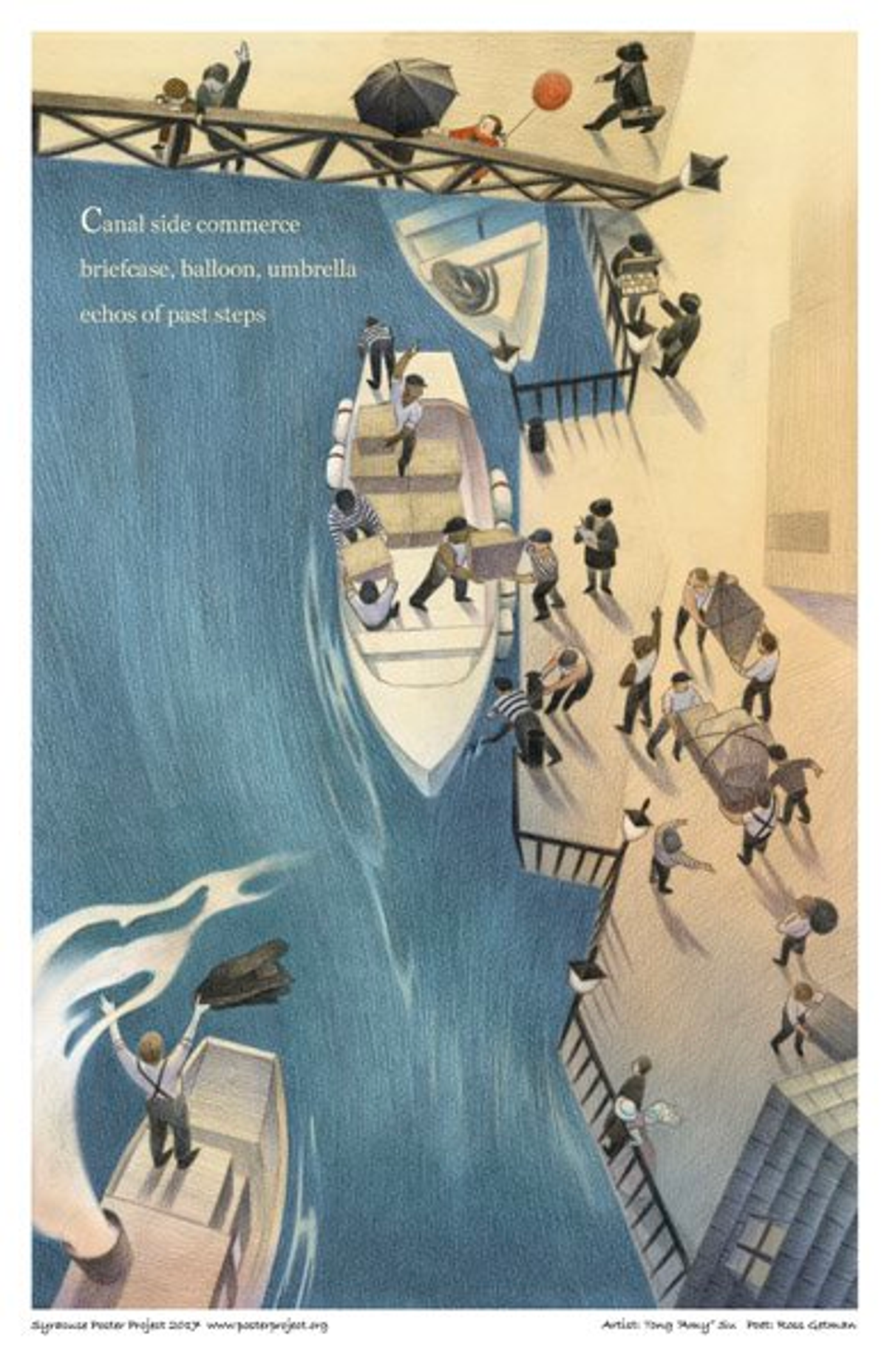 canal side commerce
briefcase, balloon, umbrella
echos of past steps A busy canal side scene