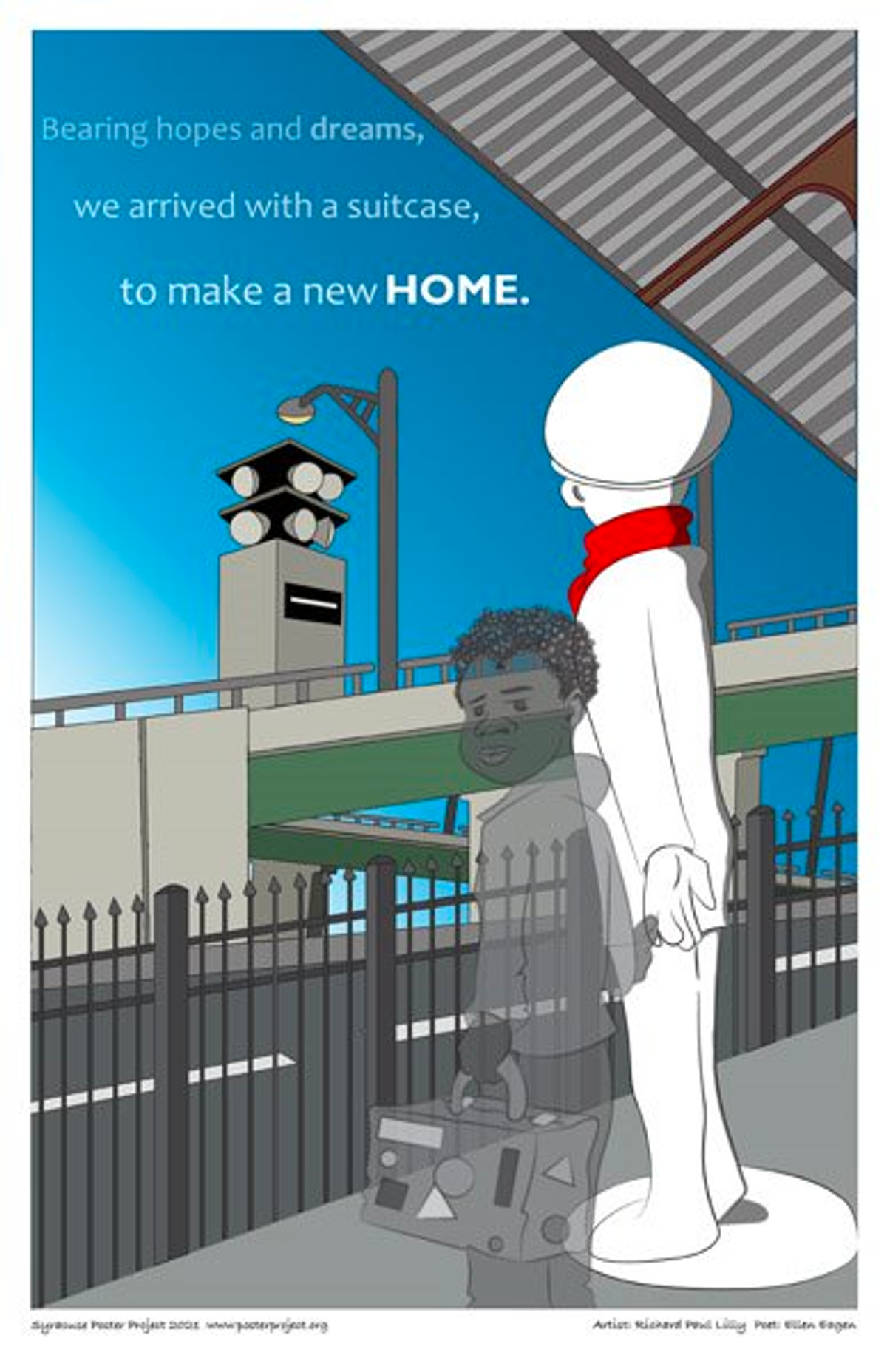 Image of transparent boy with suitcase at a streetside abandoned rail station holding hand of white statue wearing a red scarf beside a