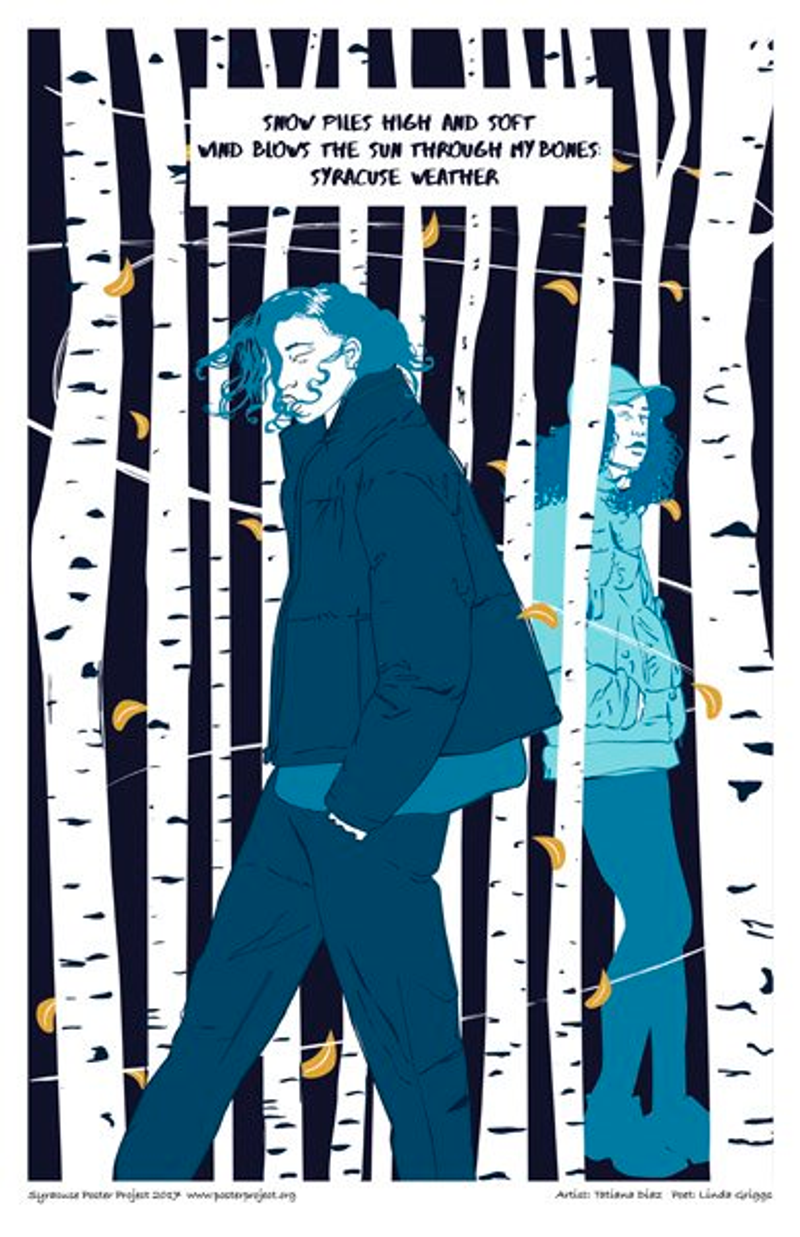Two people dressed warmly walk in opposite directions through a woods of birch trees