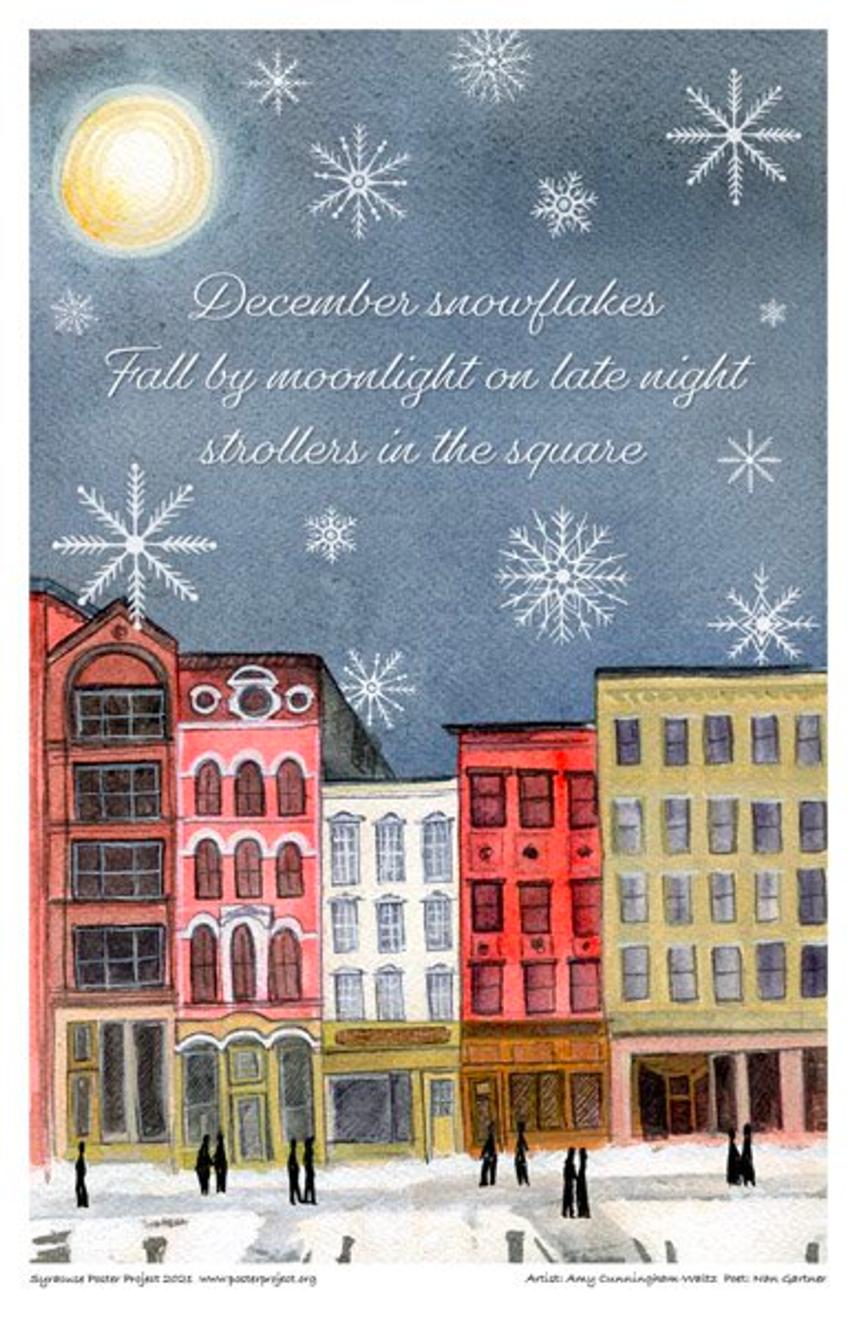 December snowflakes
Fall by moonlight on late night
strollers in the square Dark silhouettes walk along snowy streets by colorful buildings under oversized snowflakes